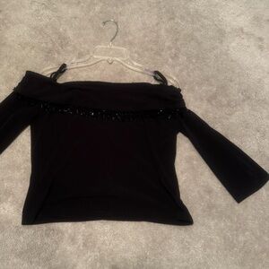 Xscape Elegant Black Top With Beaded Fringe Trim …. Size Large